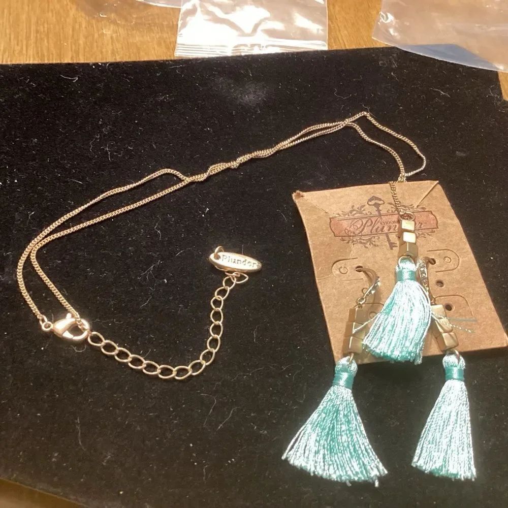Bright Goldtone Bird’s Nest Blue Tassle Earrings and Pendant Necklace Set